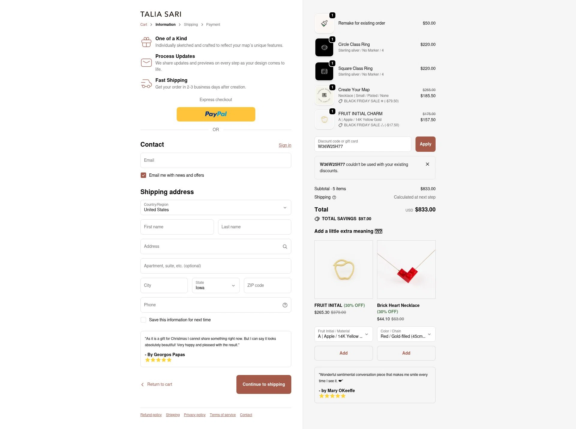 Talia Sari checkout page showing Talia Sari discount code box | Screenshot taken by SimplyCodes community member on Nov 27, 2025
