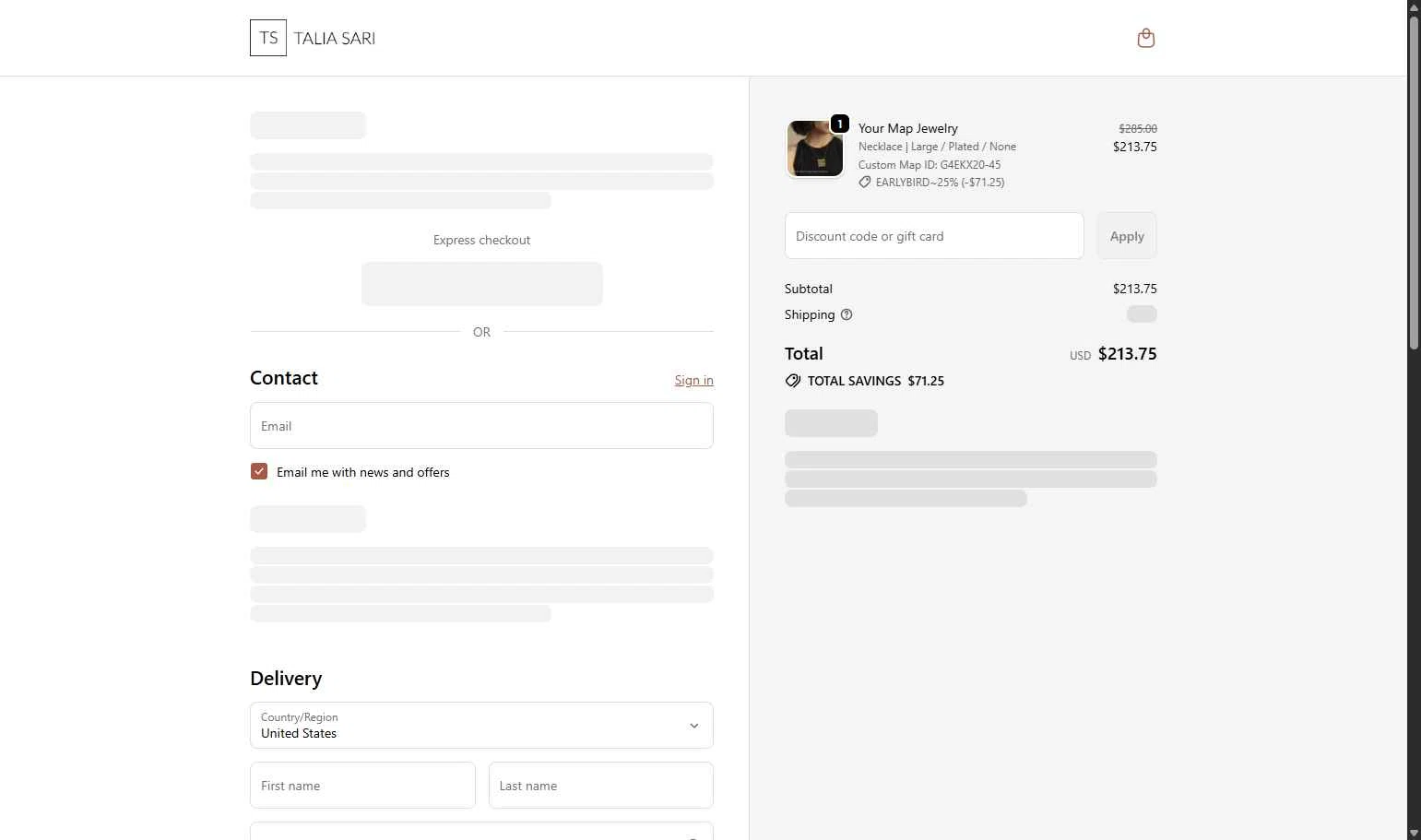 Talia Sari checkout page showing Talia Sari discount code box | Screenshot taken by SimplyCodes community member on Nov 1, 2025
