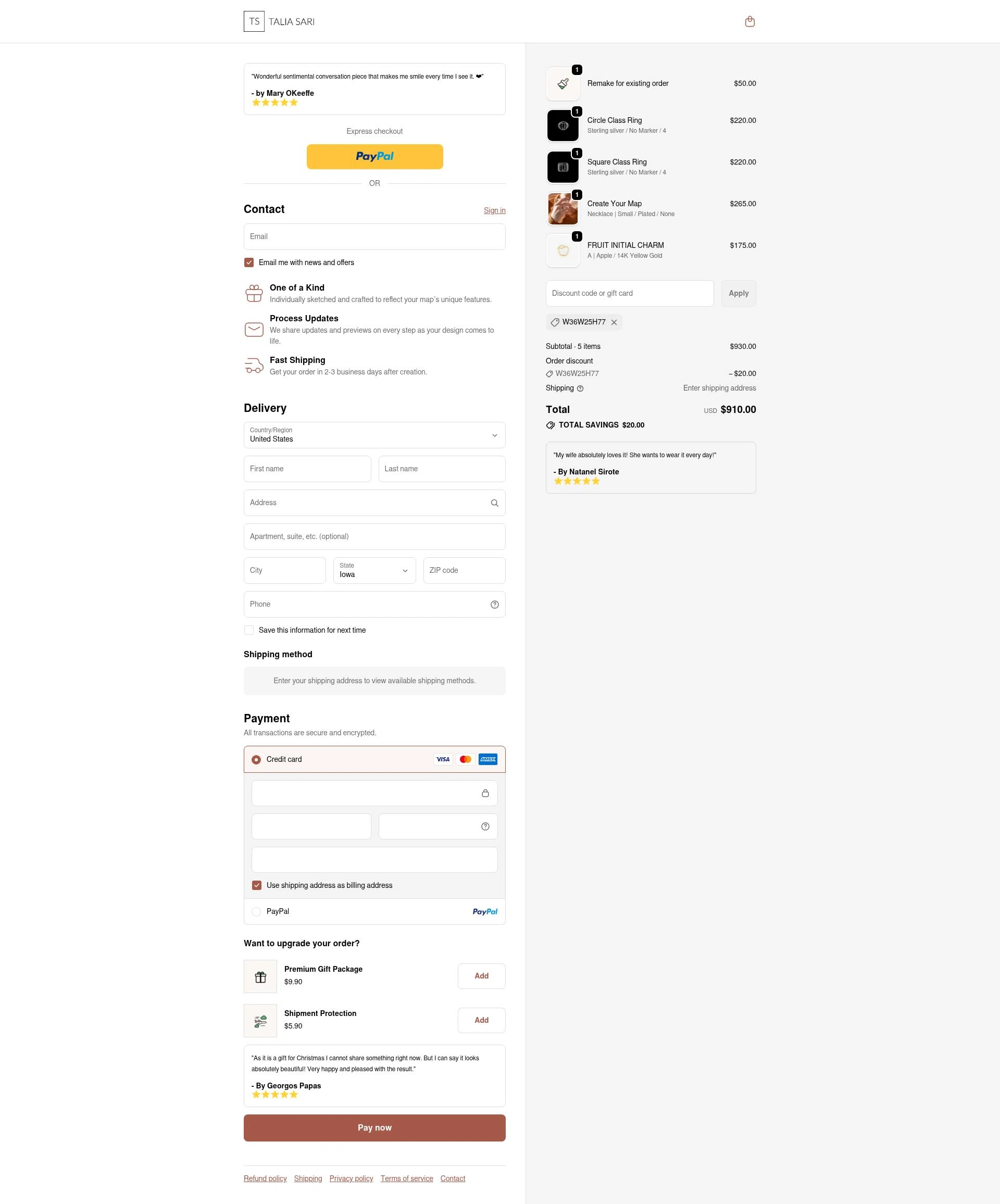 Talia Sari checkout page showing Talia Sari discount code box | Screenshot taken by SimplyCodes community member on Nov 22, 2025