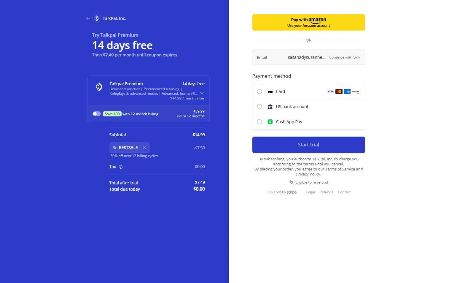 TalkPal checkout page showing TalkPal promo code box | Screenshot taken by SimplyCodes community member on Dec 27, 2025