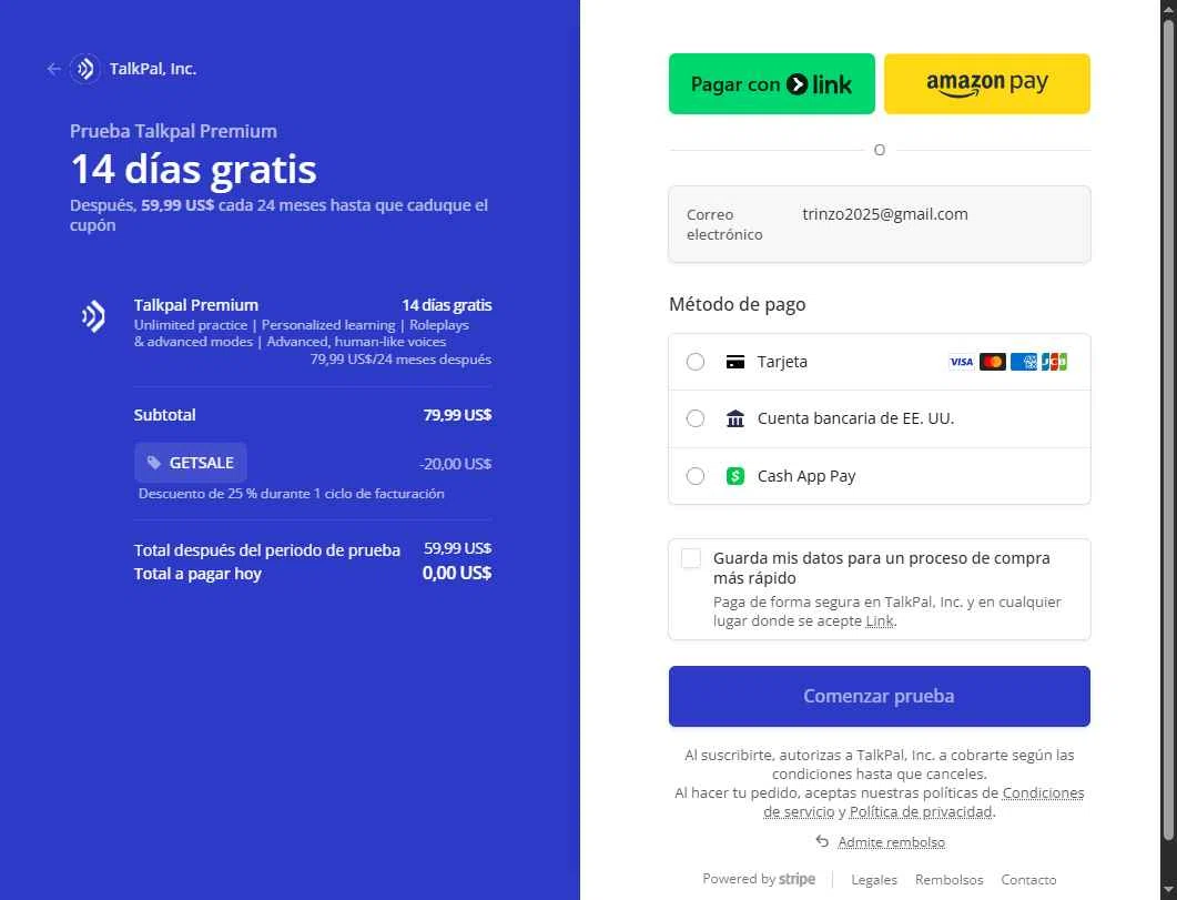 TalkPal checkout page showing TalkPal promo code box | Screenshot taken by SimplyCodes community member on Dec 13, 2025