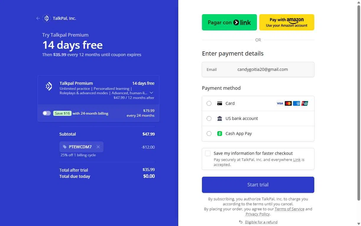 TalkPal checkout page showing TalkPal promo code box | Screenshot taken by SimplyCodes community member on Jan 11, 2026