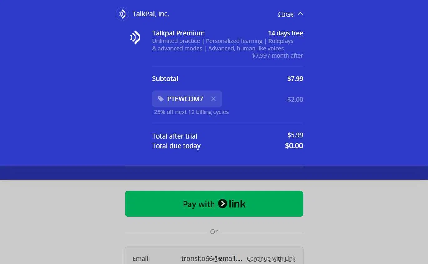 TalkPal checkout page showing TalkPal promo code box | Screenshot taken by SimplyCodes community member on Oct 15, 2025