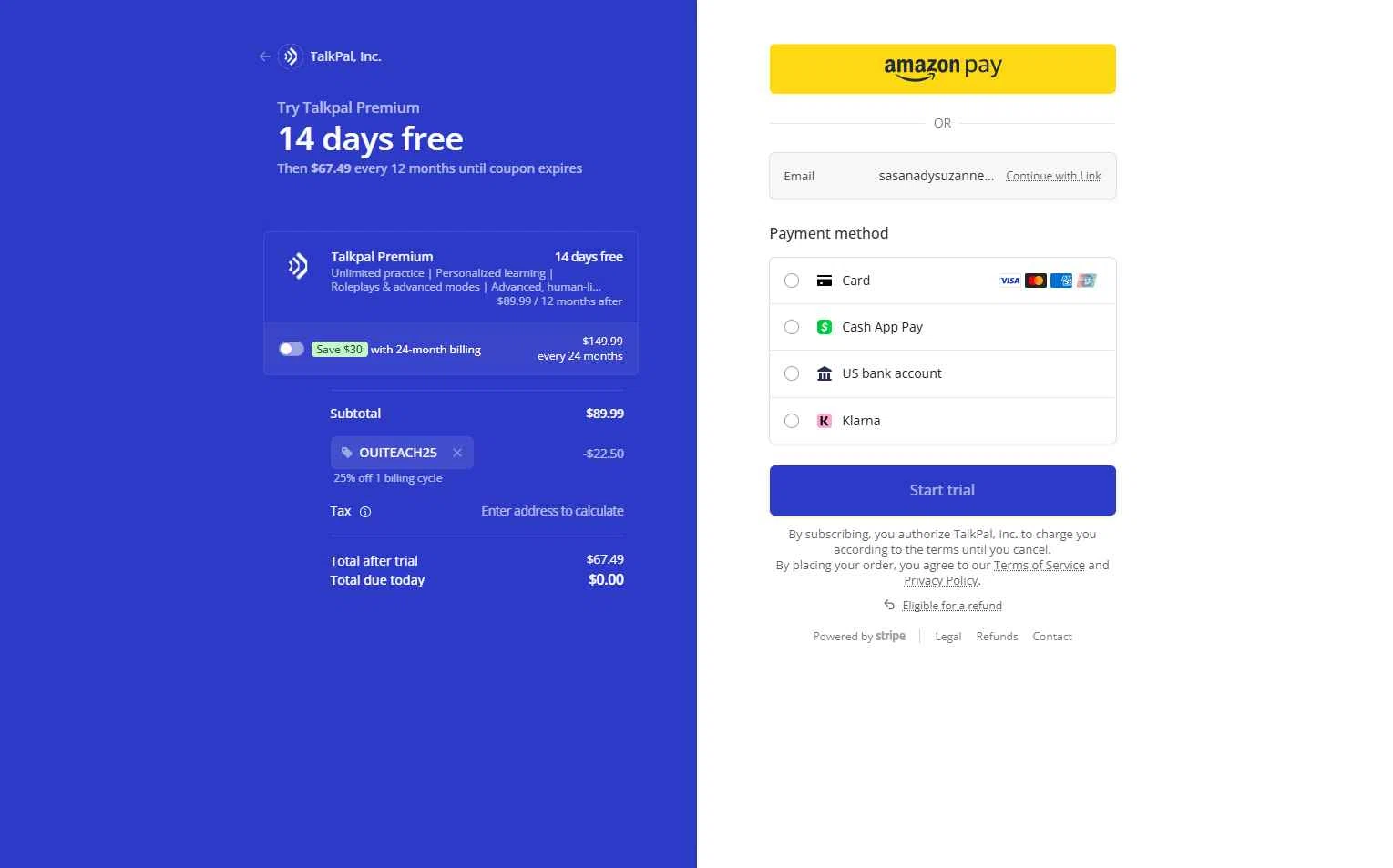 TalkPal checkout page showing TalkPal promo code box | Screenshot taken by SimplyCodes community member on Dec 27, 2025