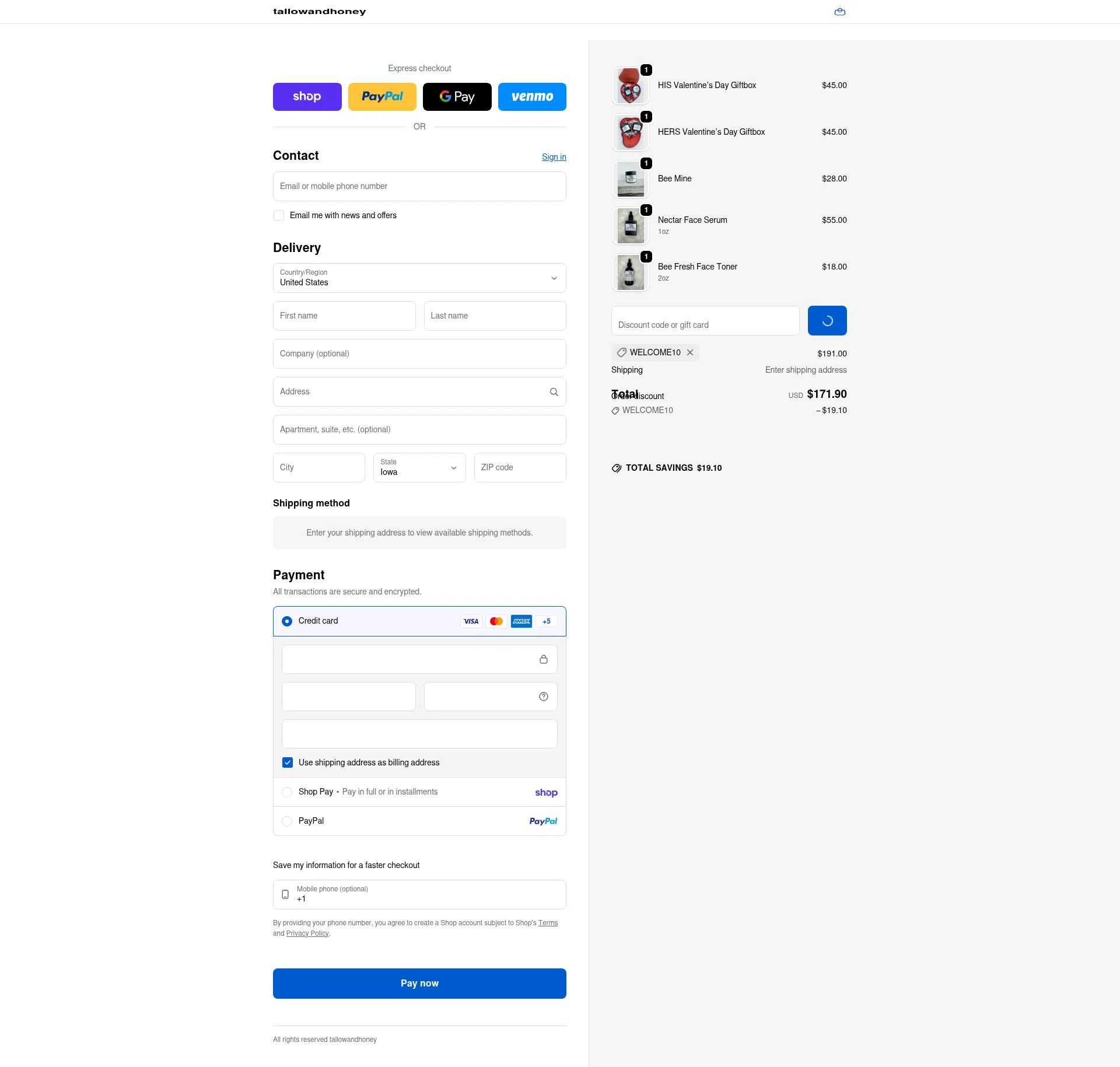Tallow and Honey checkout page showing Tallow and Honey discount code box | Screenshot taken by SimplyCodes community member on Feb 6, 2026