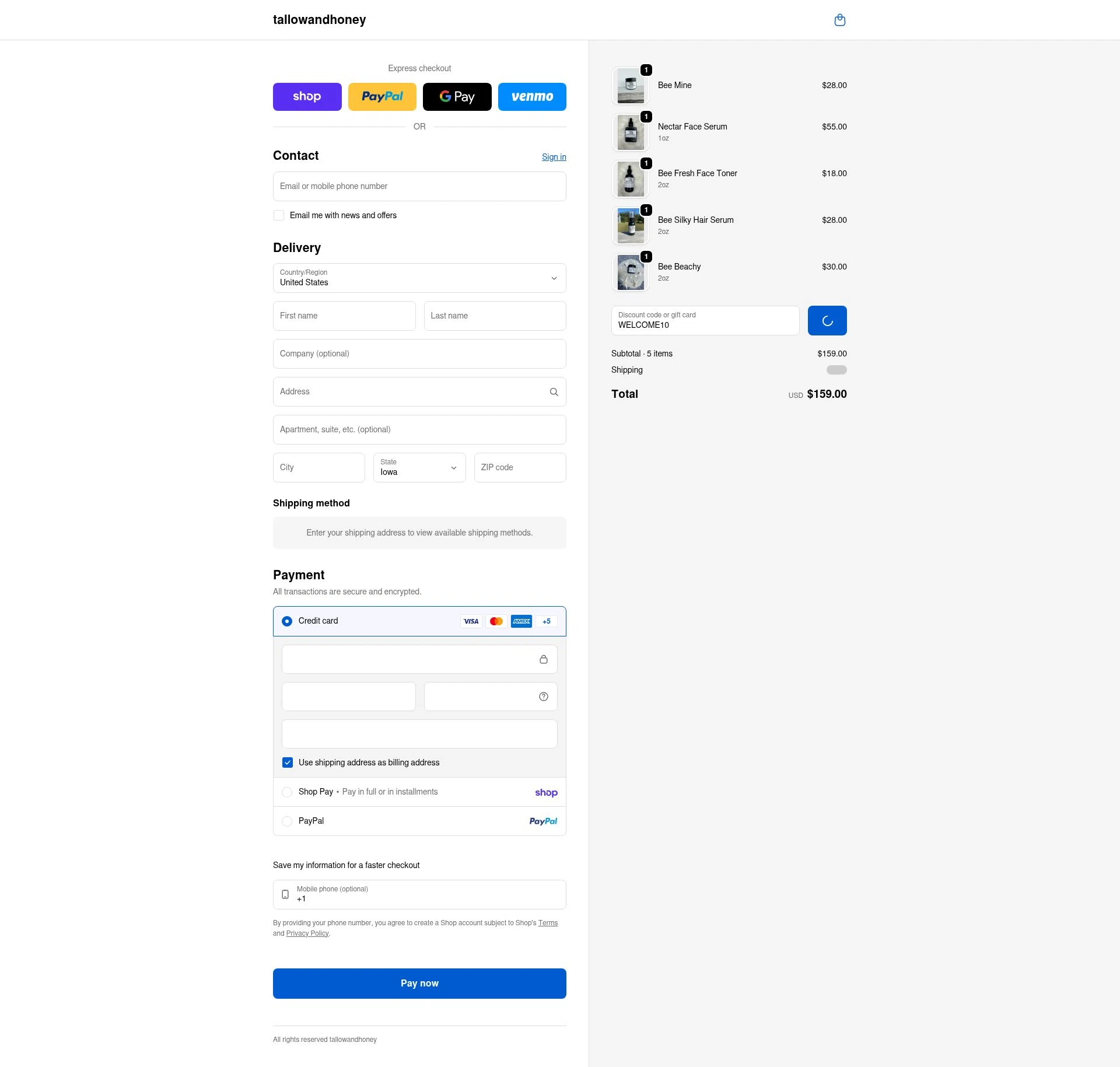 Tallow and Honey checkout page showing Tallow and Honey discount code box | Screenshot taken by SimplyCodes community member on Feb 9, 2026