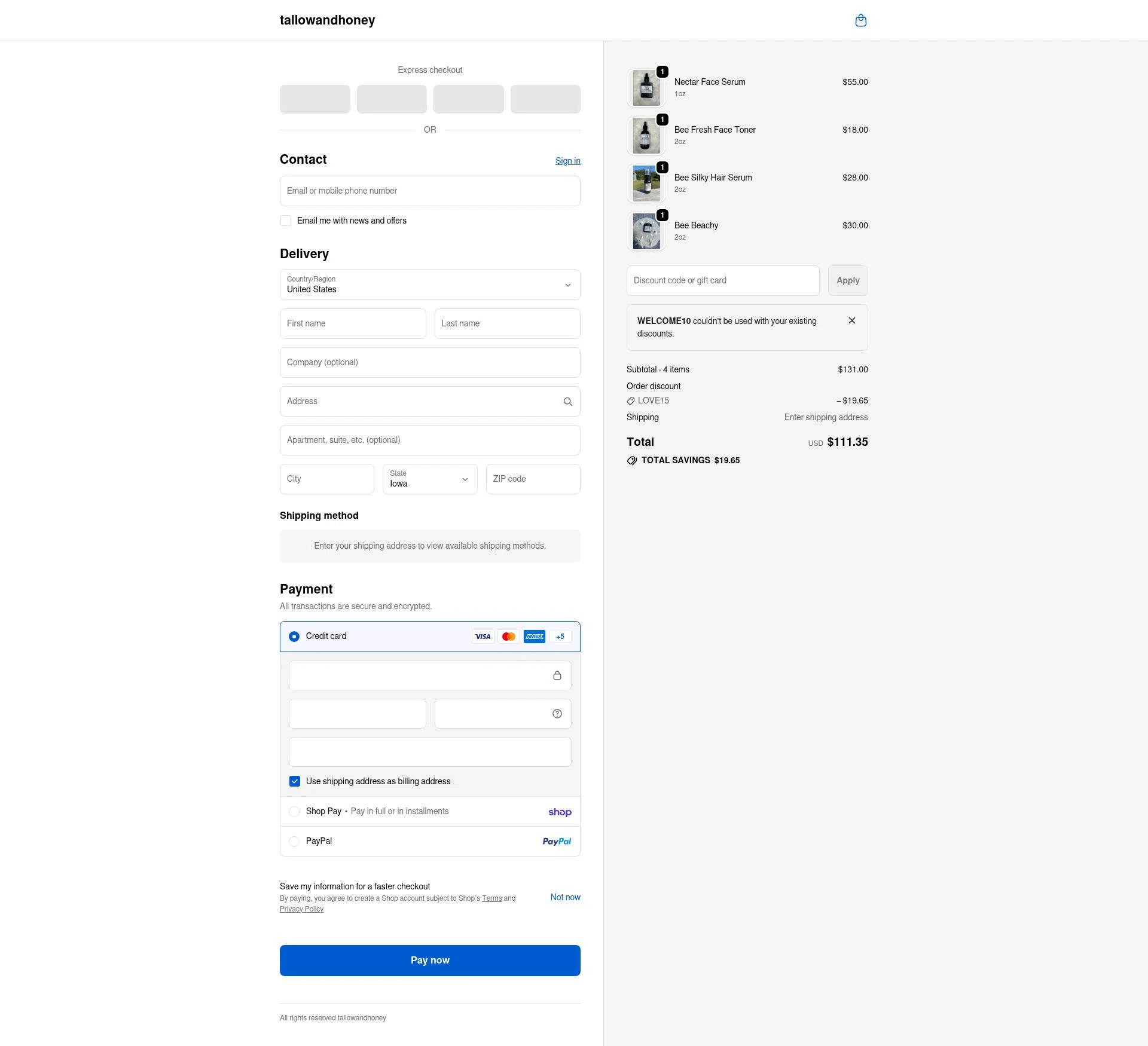 Tallow and Honey checkout page showing Tallow and Honey discount code box | Screenshot taken by SimplyCodes community member on Feb 14, 2026