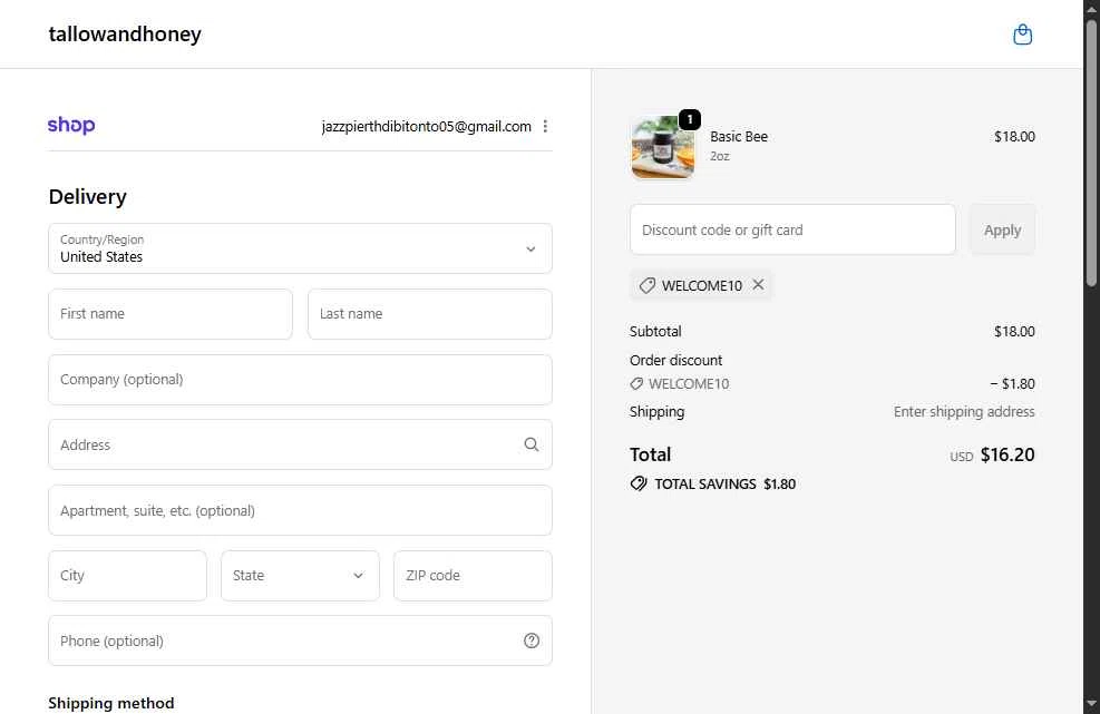 Tallow and Honey checkout page showing Tallow and Honey discount code box | Screenshot taken by SimplyCodes community member on Feb 9, 2026