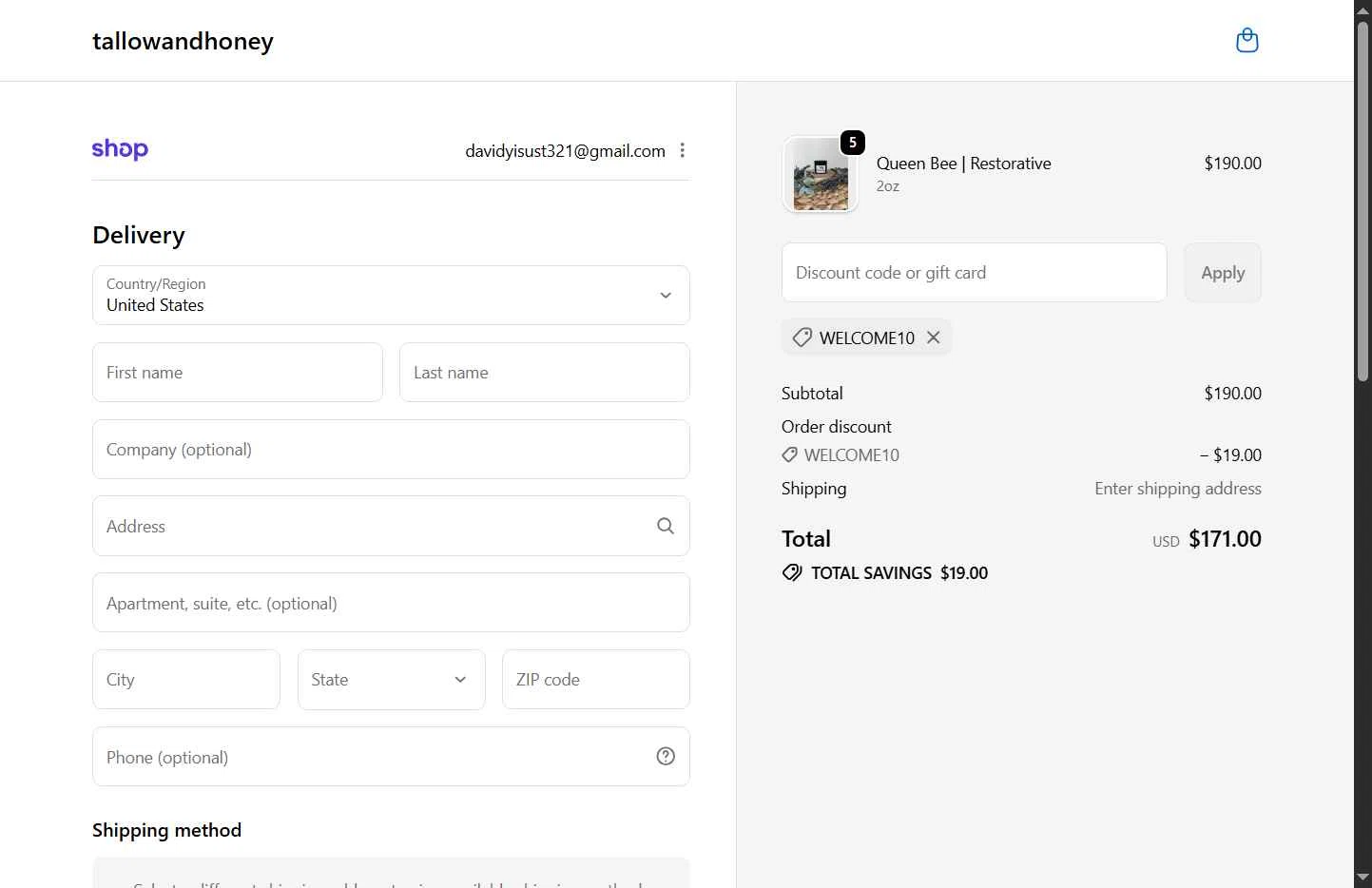 Tallow and Honey checkout page showing Tallow and Honey discount code box | Screenshot taken by SimplyCodes community member on Feb 2, 2026
