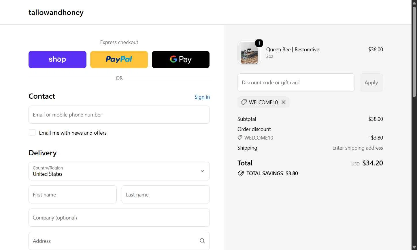 Tallow and Honey checkout page showing Tallow and Honey discount code box | Screenshot taken by SimplyCodes community member on Feb 9, 2026