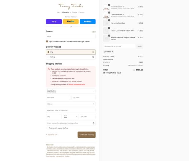 Tammy Fender checkout page showing Tammy Fender coupon code box | Screenshot taken by SimplyCodes community member on Sep 8, 2025
