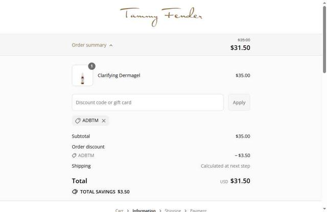 Tammy Fender checkout page showing Tammy Fender coupon code box | Screenshot taken by SimplyCodes community member on Sep 8, 2025