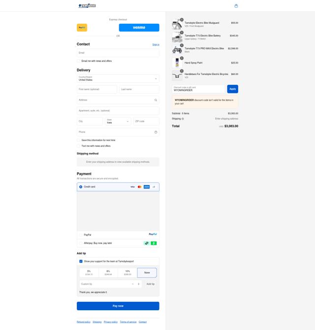 Tamobyke checkout page showing Tamobyke promo code box | Screenshot taken by SimplyCodes community member on Sep 15, 2025