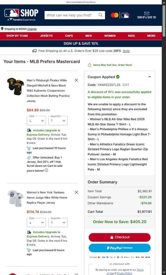 Tampa Bay Rays checkout page showing Tampa Bay Rays promo code box | Screenshot taken by SimplyCodes community member on Sep 5, 2025