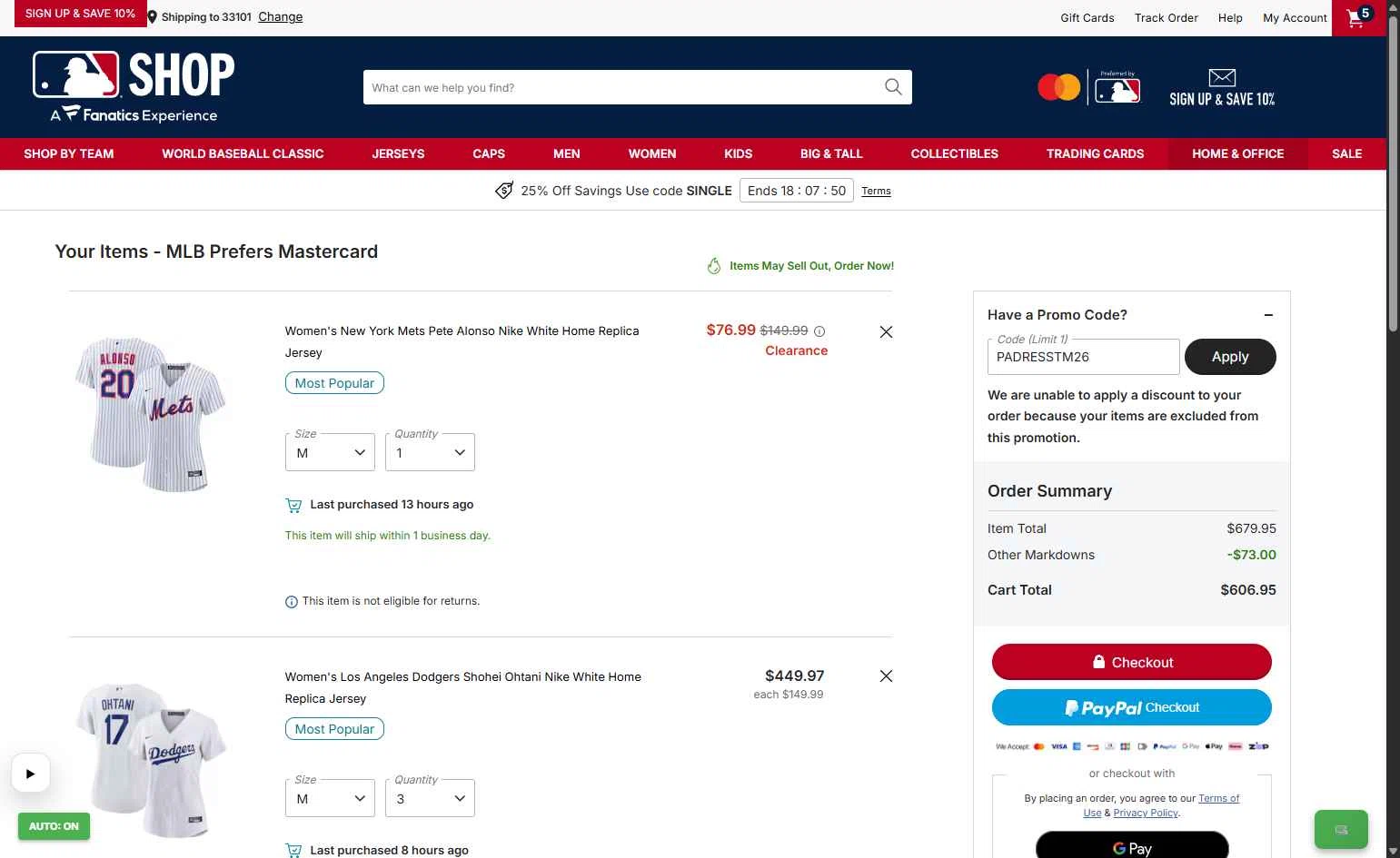 Tampa Bay Rays checkout page showing Tampa Bay Rays promo code box | Screenshot taken by SimplyCodes community member on Feb 24, 2026