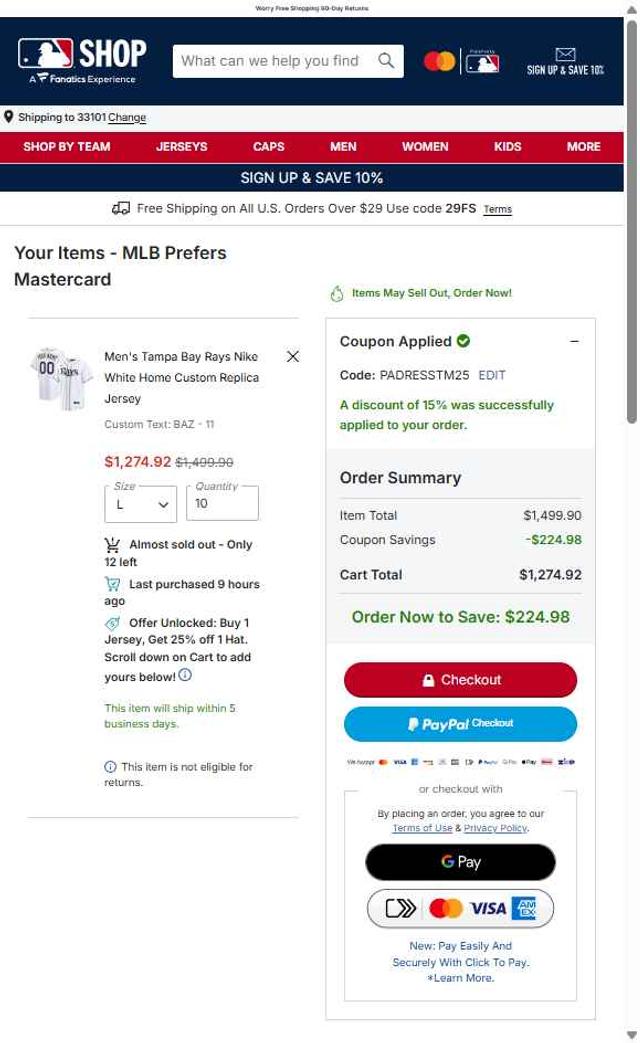 Tampa Bay Rays checkout page showing Tampa Bay Rays promo code box | Screenshot taken by SimplyCodes community member on Sep 7, 2025