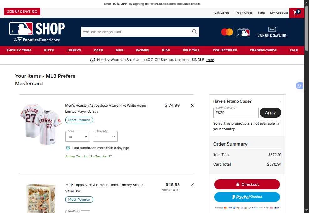 Tampa Bay Rays checkout page showing Tampa Bay Rays promo code box | Screenshot taken by SimplyCodes community member on Dec 29, 2025