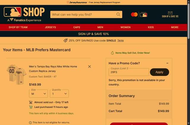 Tampa Bay Rays checkout page showing Tampa Bay Rays promo code box | Screenshot taken by SimplyCodes community member on Sep 26, 2025
