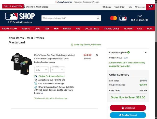 Tampa Bay Rays checkout page showing Tampa Bay Rays promo code box | Screenshot taken by SimplyCodes community member on Oct 1, 2025