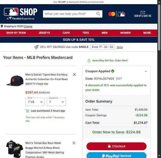 Tampa Bay Rays checkout page showing Tampa Bay Rays promo code box | Screenshot taken by SimplyCodes community member on Sep 29, 2025