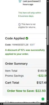 YANKEESSTL26 coupon verification screenshot
