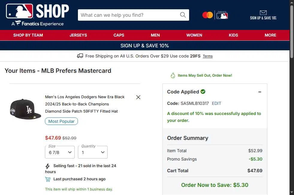 Tampa Bay Rays checkout page showing Tampa Bay Rays promo code box | Screenshot taken by SimplyCodes community member on Jan 13, 2026