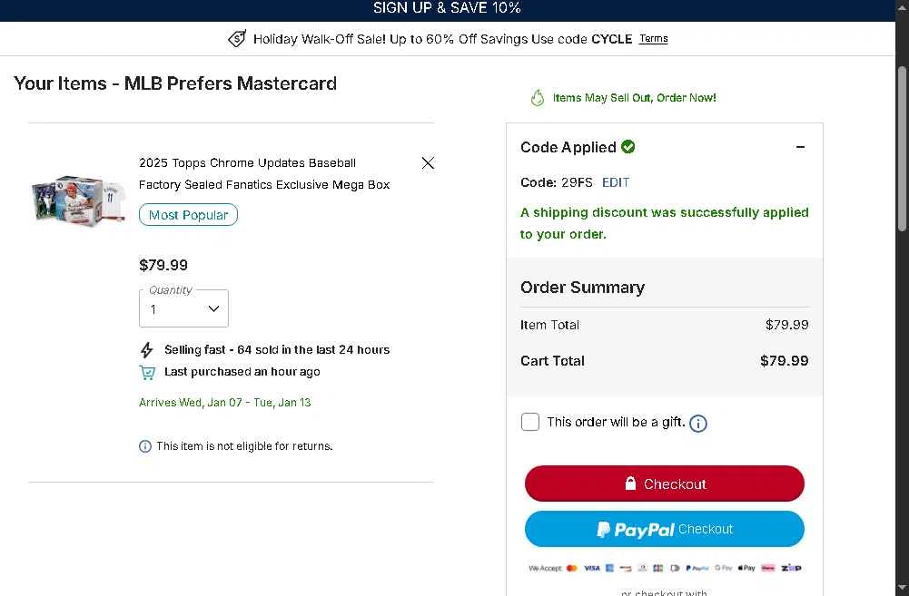 Tampa Bay Rays checkout page showing Tampa Bay Rays promo code box | Screenshot taken by SimplyCodes community member on Dec 20, 2025