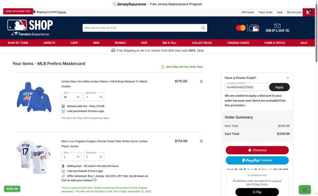 Tampa Bay Rays checkout page showing Tampa Bay Rays promo code box | Screenshot taken by SimplyCodes community member on Sep 2, 2025
