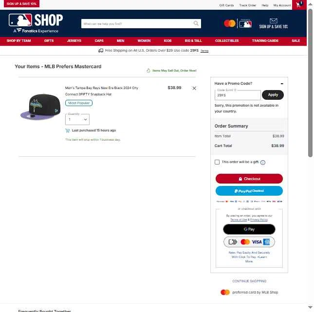 Tampa Bay Rays checkout page showing Tampa Bay Rays promo code box | Screenshot taken by SimplyCodes community member on Jan 7, 2026