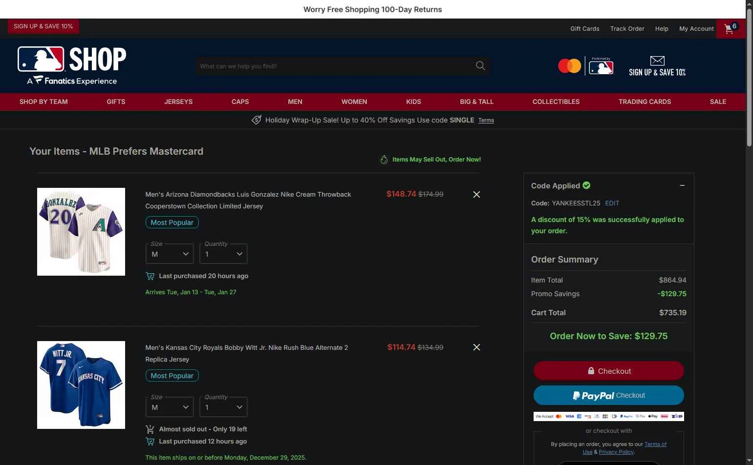 Tampa Bay Rays checkout page showing Tampa Bay Rays promo code box | Screenshot taken by SimplyCodes community member on Dec 24, 2025