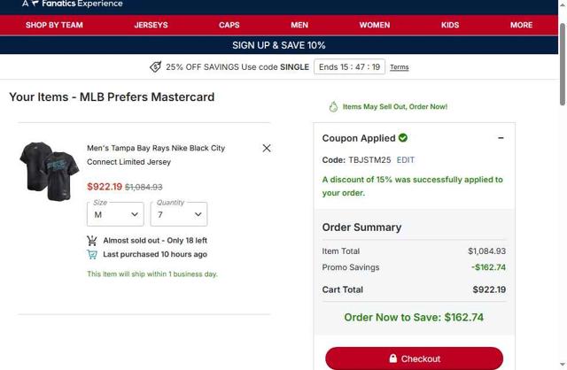 Tampa Bay Rays checkout page showing Tampa Bay Rays promo code box | Screenshot taken by SimplyCodes community member on Sep 10, 2025