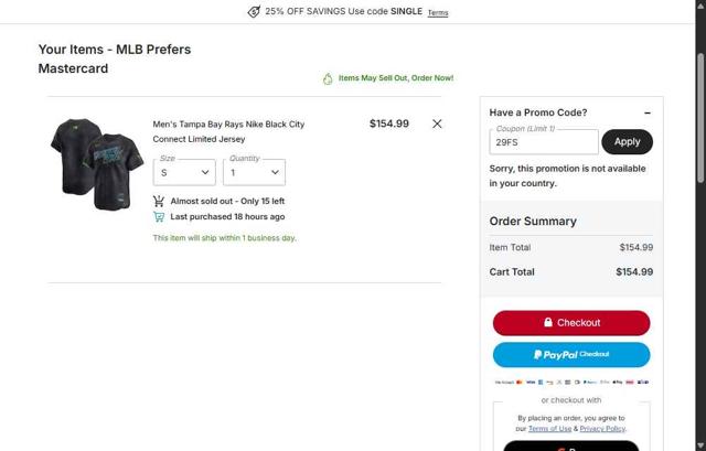 Tampa Bay Rays checkout page showing Tampa Bay Rays promo code box | Screenshot taken by SimplyCodes community member on Sep 26, 2025