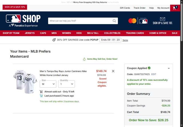 Tampa Bay Rays checkout page showing Tampa Bay Rays promo code box | Screenshot taken by SimplyCodes community member on Oct 3, 2025