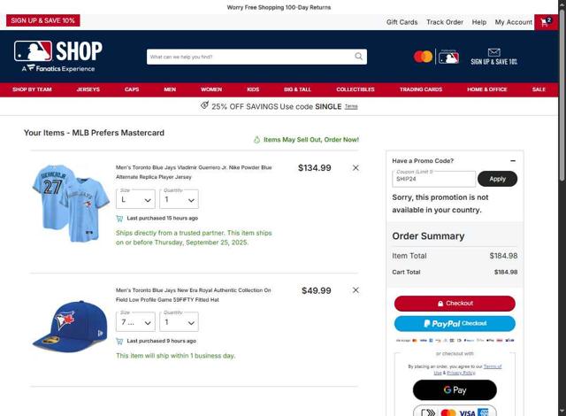 Tampa Bay Rays checkout page showing Tampa Bay Rays promo code box | Screenshot taken by SimplyCodes community member on Sep 25, 2025