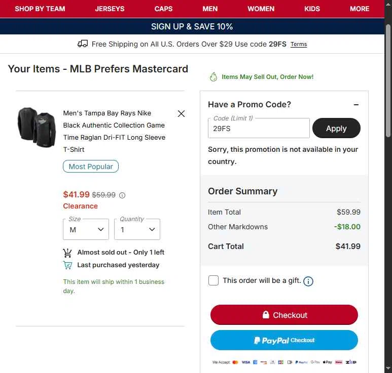 Tampa Bay Rays checkout page showing Tampa Bay Rays promo code box | Screenshot taken by SimplyCodes community member on Jan 13, 2026