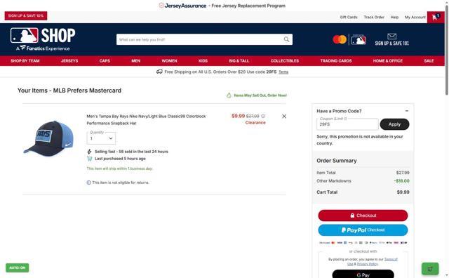 Tampa Bay Rays checkout page showing Tampa Bay Rays promo code box | Screenshot taken by SimplyCodes community member on Sep 8, 2025