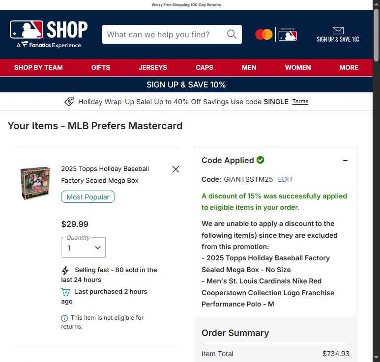 Tampa Bay Rays checkout page showing Tampa Bay Rays promo code box | Screenshot taken by SimplyCodes community member on Dec 27, 2025