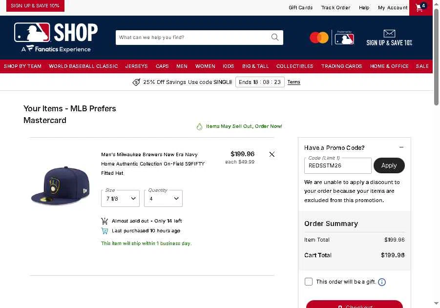 Tampa Bay Rays checkout page showing Tampa Bay Rays promo code box | Screenshot taken by SimplyCodes community member on Feb 24, 2026