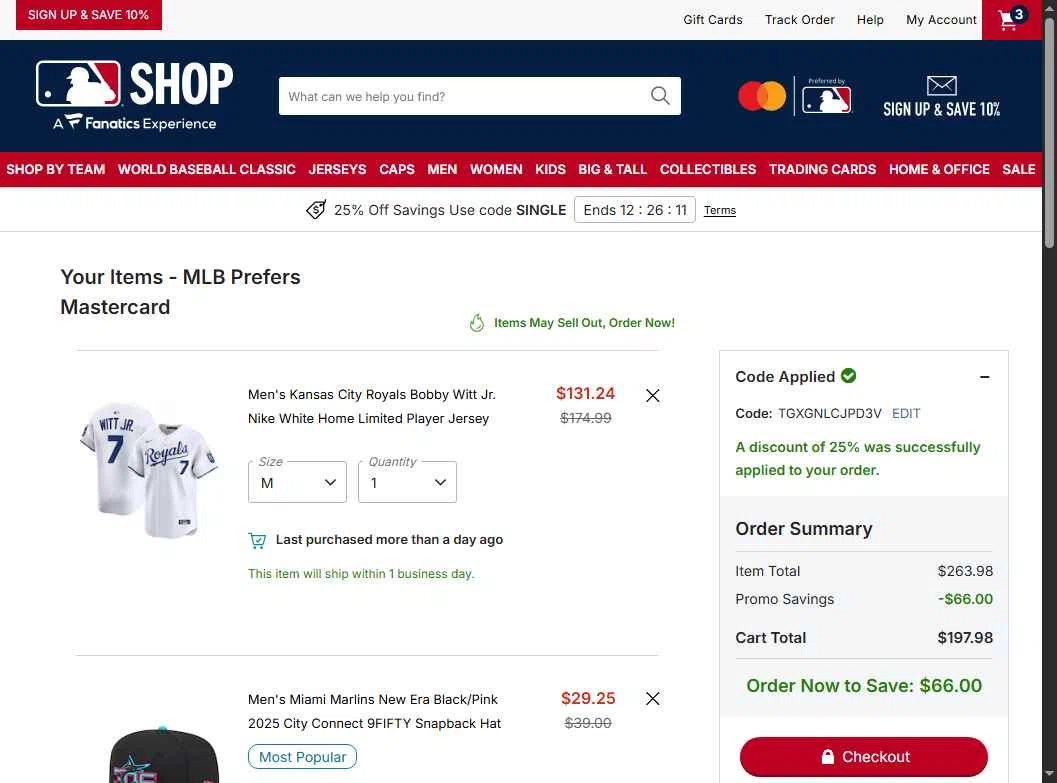 Tampa Bay Rays checkout page showing Tampa Bay Rays promo code box | Screenshot taken by SimplyCodes community member on Jan 16, 2026