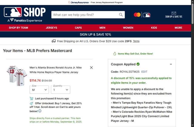 Tampa Bay Rays checkout page showing Tampa Bay Rays promo code box | Screenshot taken by SimplyCodes community member on Sep 7, 2025