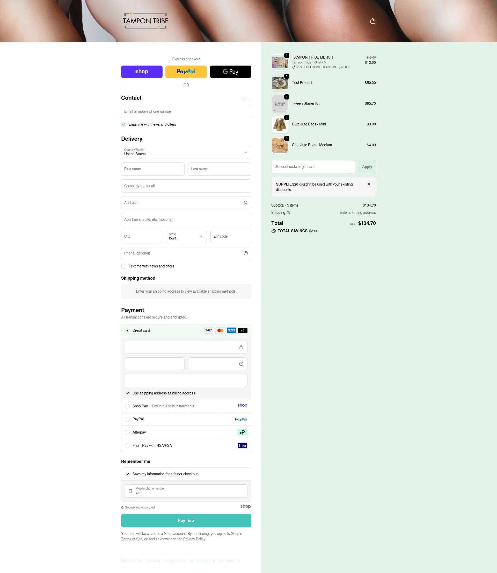 Tampon Tribe checkout page showing Tampon Tribe coupon code box | Screenshot taken by SimplyCodes community member on Jan 3, 2026