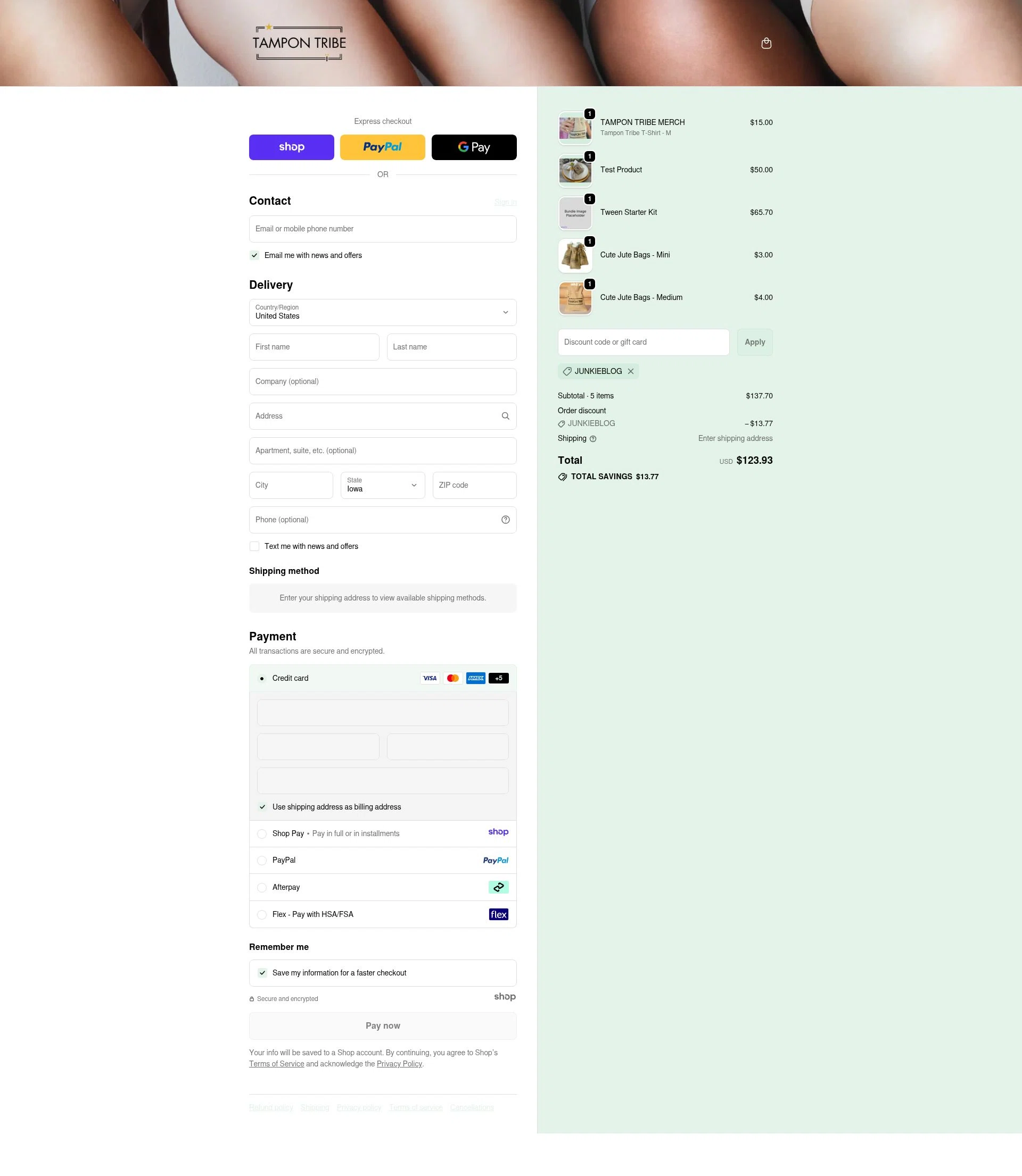 Tampon Tribe checkout page showing Tampon Tribe coupon code box | Screenshot taken by SimplyCodes community member on Jan 3, 2026