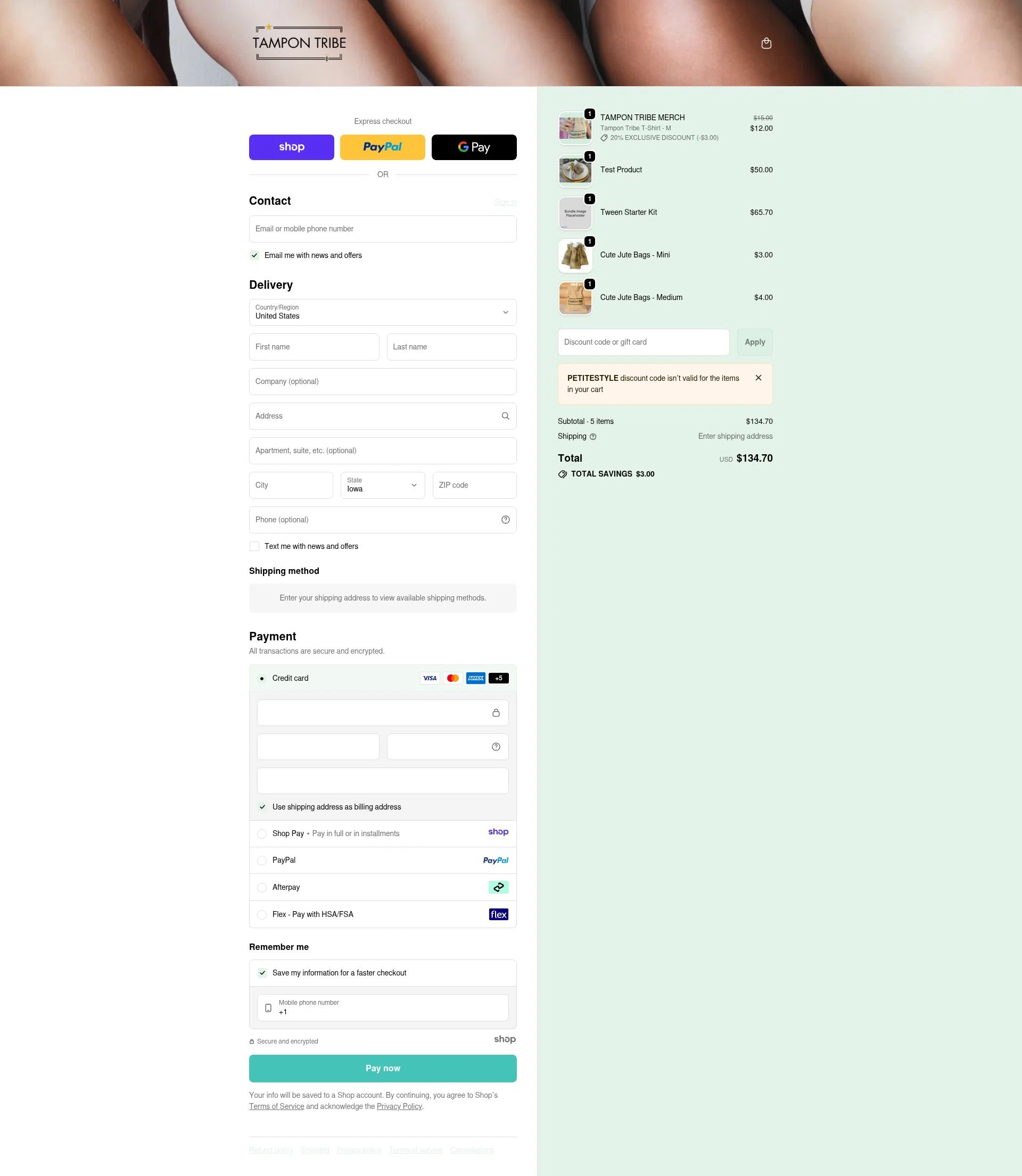 Tampon Tribe checkout page showing Tampon Tribe coupon code box | Screenshot taken by SimplyCodes community member on Jan 3, 2026