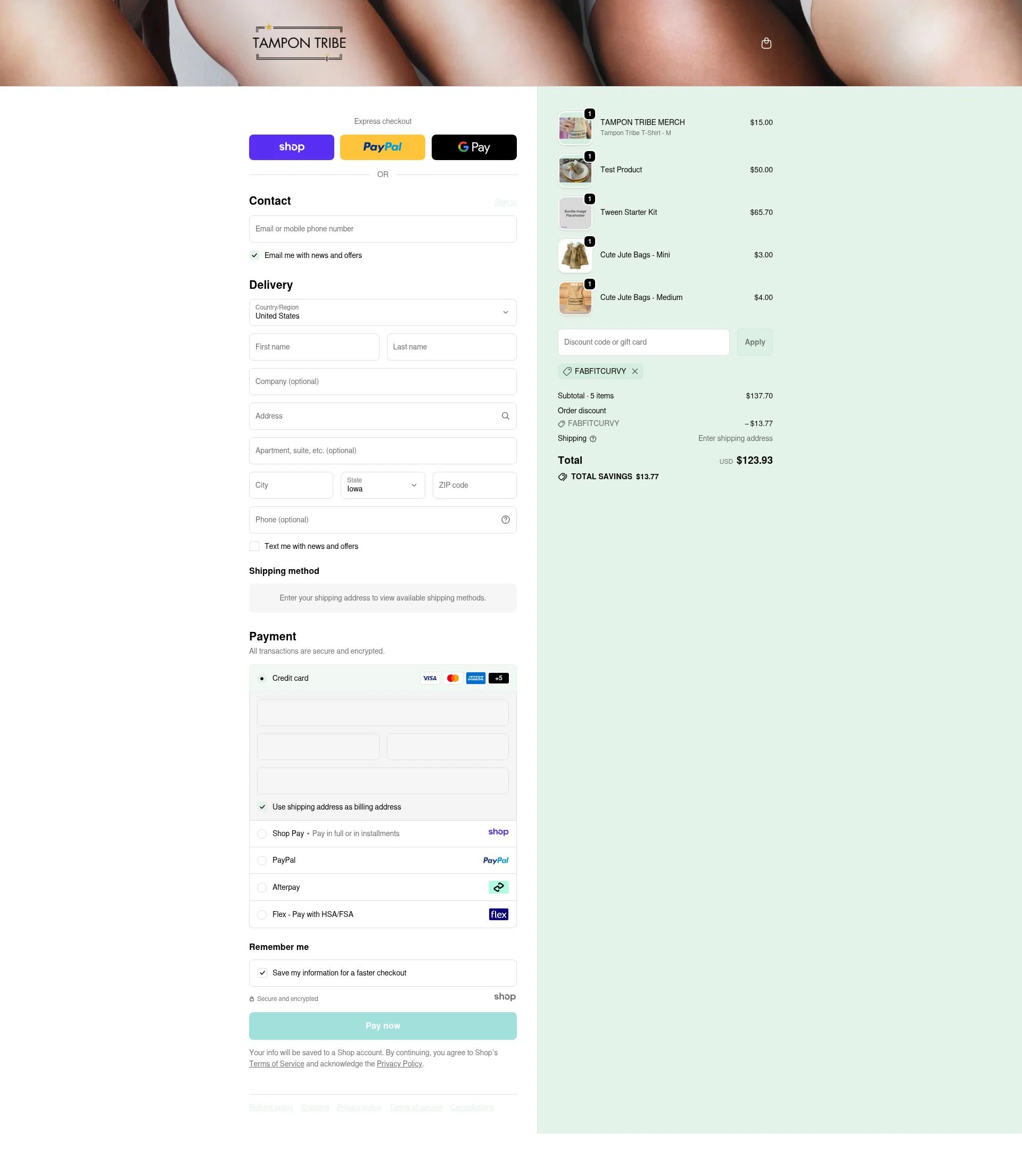 Tampon Tribe checkout page showing Tampon Tribe coupon code box | Screenshot taken by SimplyCodes community member on Jan 3, 2026