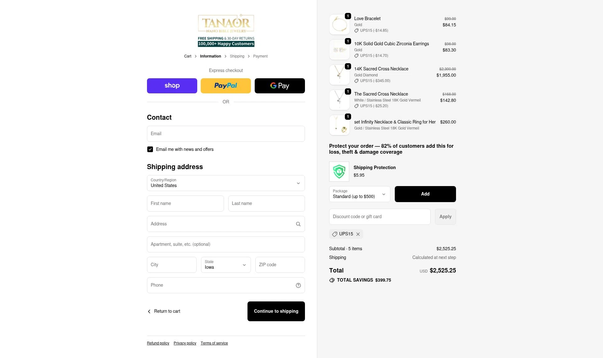 Tanaor Jewelry checkout page showing Tanaor Jewelry discount code box | Screenshot taken by SimplyCodes community member on Feb 9, 2026
