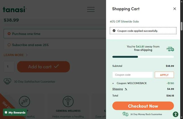 Tanasi checkout page showing Tanasi coupon code box | Screenshot taken by SimplyCodes community member on Jul 6, 2025
