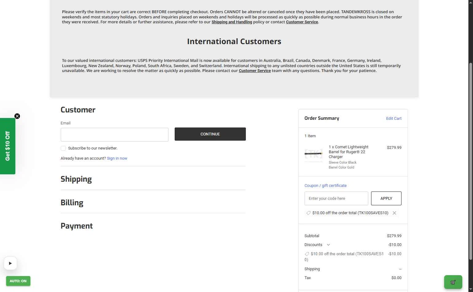 Tandem Kross checkout page showing Tandem Kross promo code box | Screenshot taken by SimplyCodes community member on Jan 30, 2026