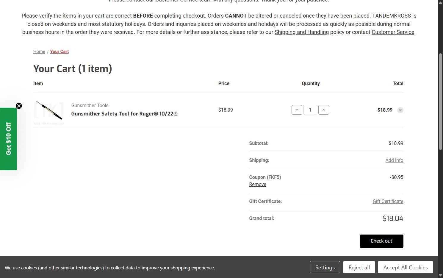 Tandem Kross checkout page showing Tandem Kross promo code box | Screenshot taken by SimplyCodes community member on Feb 5, 2026