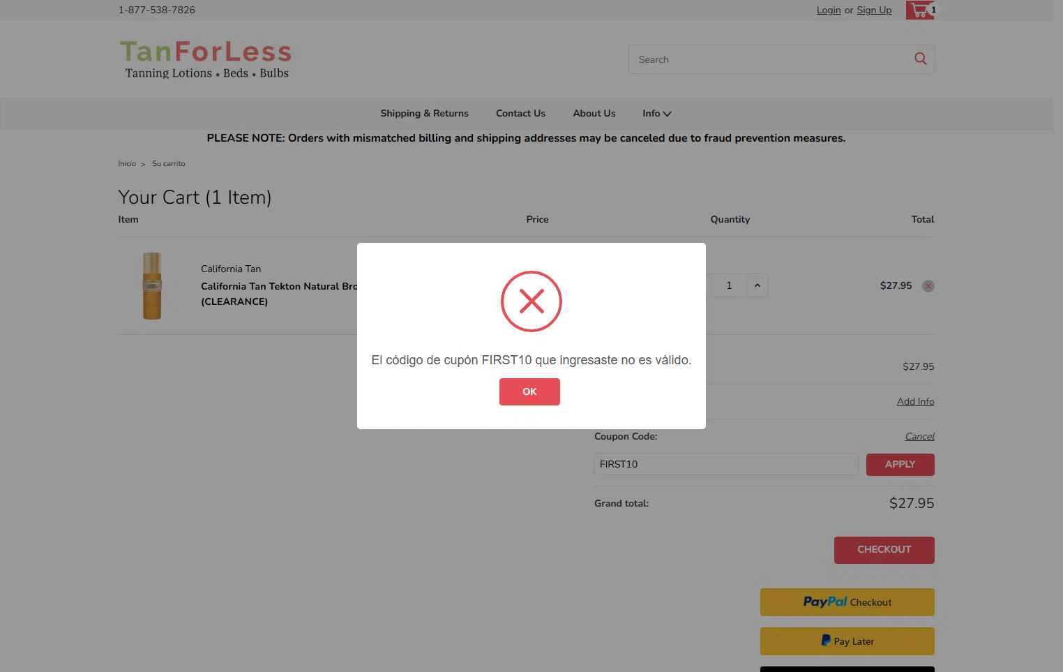 TanForLess.com checkout page showing TanForLess.com promo code box | Screenshot taken by SimplyCodes community member on Dec 12, 2025