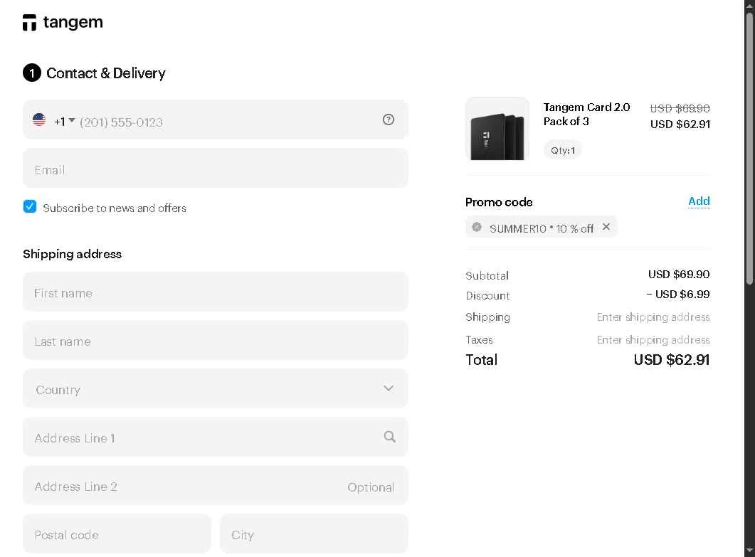 Tangem checkout page showing Tangem promo code box | Screenshot taken by SimplyCodes community member on Feb 9, 2026